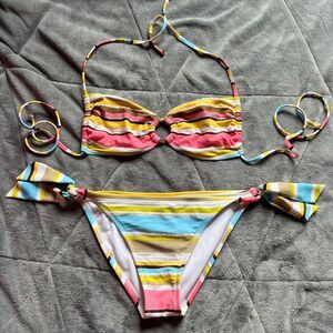 Vintage Y2K Hot Kiss Striped and Sequin Multicolor Bikini Set Size Large
